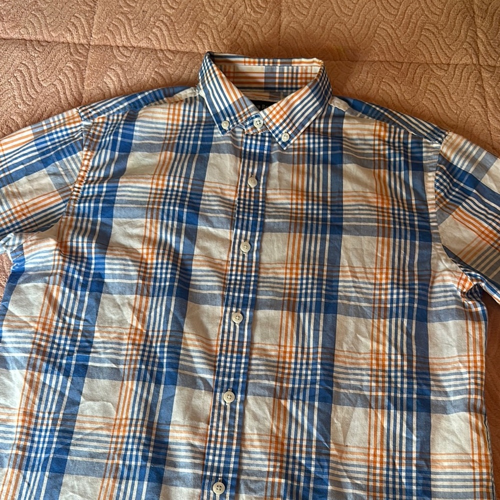 Men's Blue and Orange Plaid Shirt